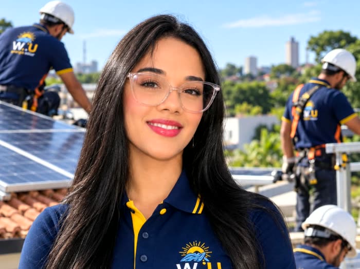 Profissional da W.U uniformizada durante uma instalação em telhado